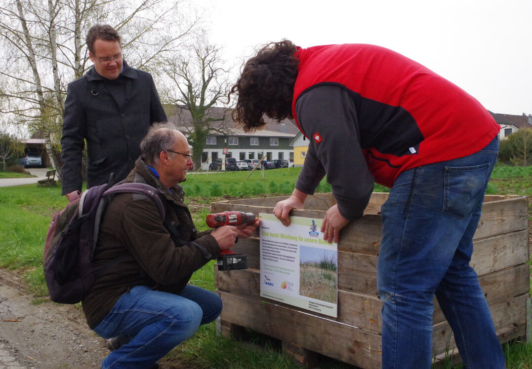 V.l.n.r.: Schumacher, Mayer und Arnegger montieren gemeinsam das Schild, das die Zusammenarbeit gegenüber Verbrauchern ausweist. Mayer vom NABU hält die Bohrmaschine.