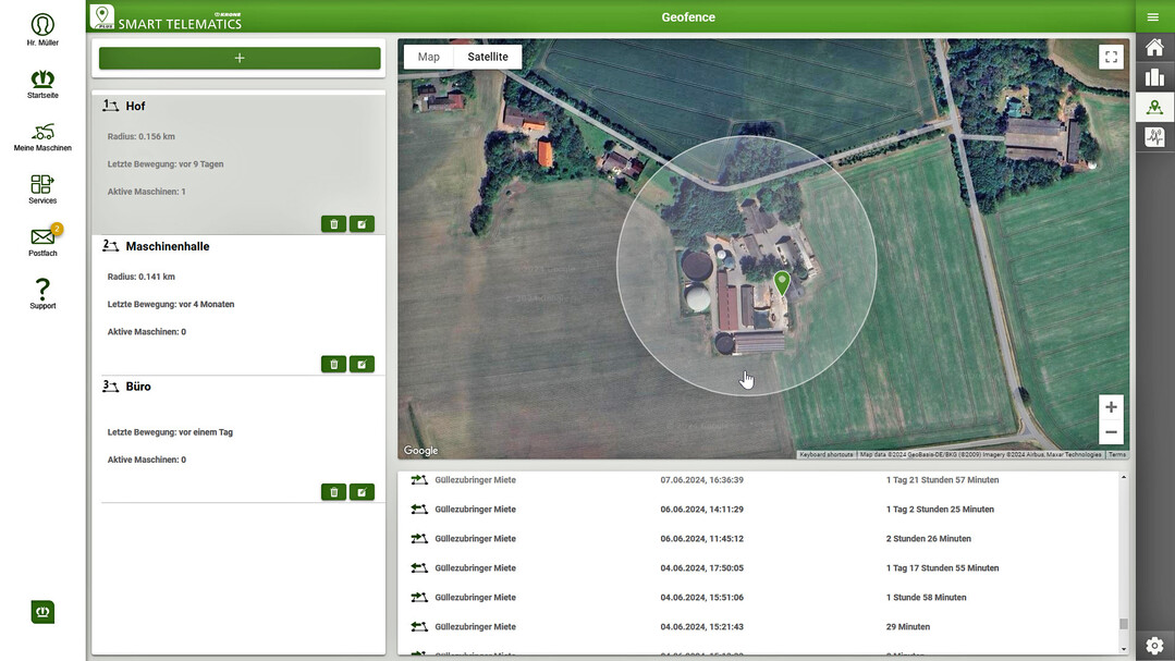 Alle Maschinen im Blick: Mit der Geofence-Funktion von Smart Telematics Plus werden automatisch die Zeiten für Aus- und Eintritt erfasst.