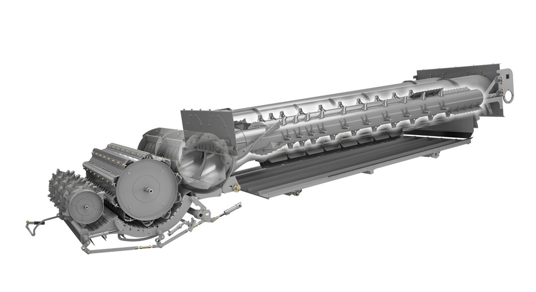 Das APS Synflow Hybrid setzt laut Claas das Erfolgskonzept der Kombination von tangentialem Dreschwerk mit Vorbeschleunigertrommel und axialer Restkornabscheidung fort. Der Durchmesser der Dreschtrommel mit 10 Schlagleisten steigt auf 755 mm. Es folgt eine neue, größere Zuführtrommel mit 600 mm Durchmesser.