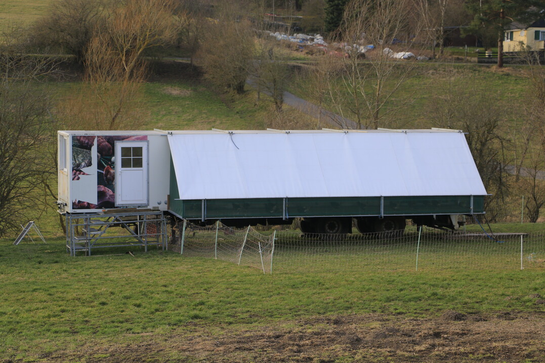 Hier wurde ein Auflieger genutzt und um einen Wintergarten ergänzt. Die große Grundfläche bietet auch den Raum für eine Hygieneschleuse. Nachteil ist neben dem hohen Gewicht die benötigte Dolly-Achse. Ist diese nicht ohnehin vorhanden, lohnt eine Anschaffung extra für die Hühnerhaltung eigentlich nicht. Es sei denn, man plant eine Serienfertigung der Ställe.