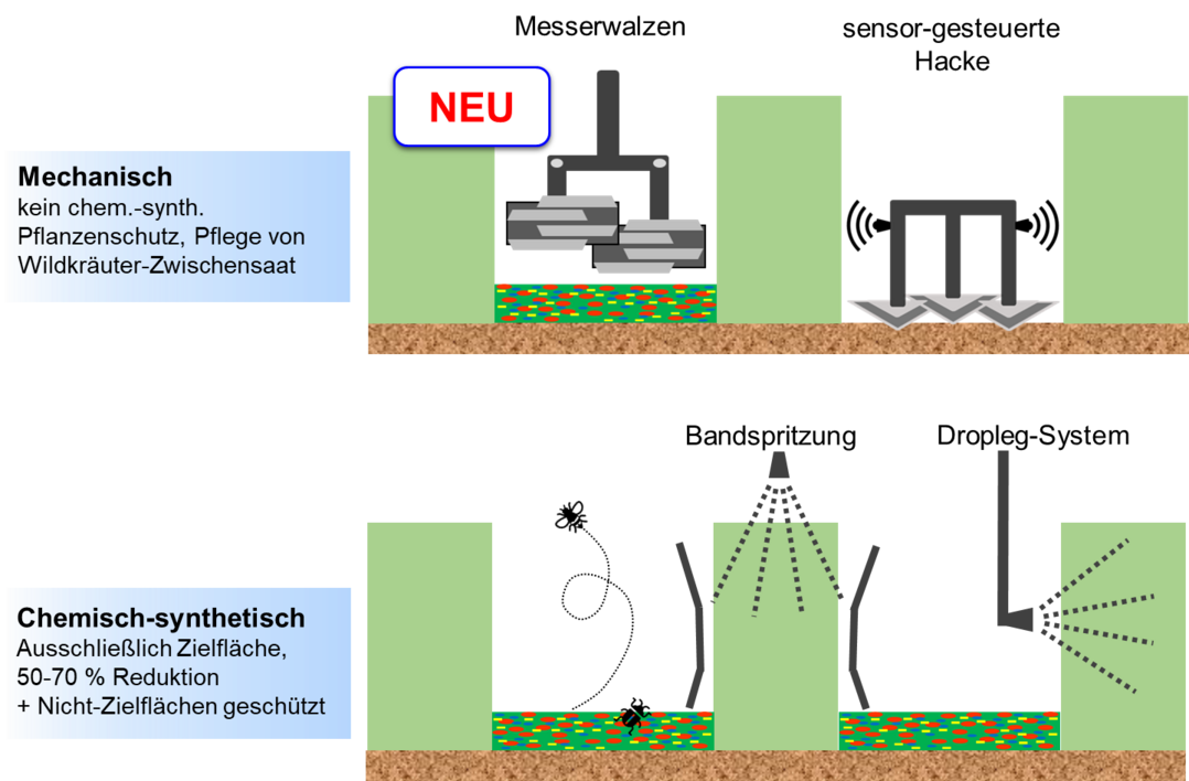 Unterschiedliche Verfahren zur Reduktion des Pflanzenschutzmitteleinsatzes.