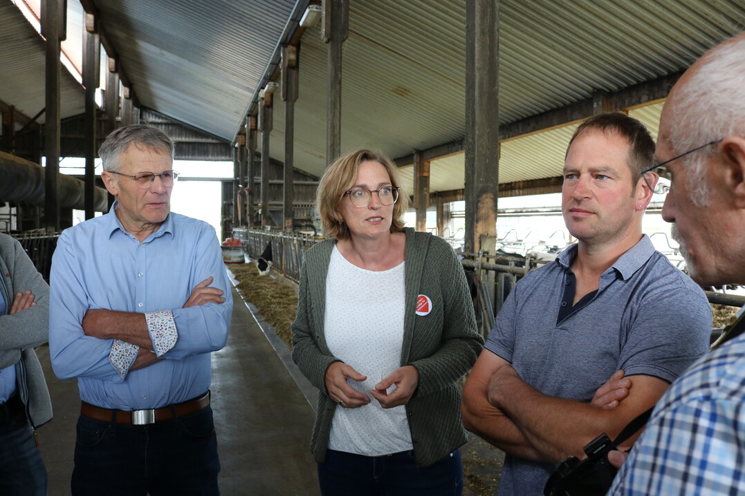 Fachgespr�ch mit den Medienvertretern: v.l. LBV-Vizepr�sident Gerhard Glaser; Roswitha Geyer-F��ler, stellvertretende Vorsitzende beim Bauerbverband Allg�u-Oberschwaben und Milchviehhalter Edgar M�ller.
