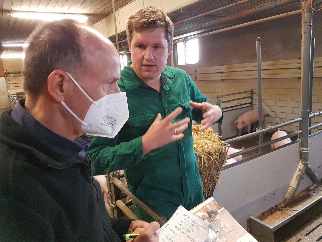 Jonas Käppeler erläuterte den Pressevertretern, wie die Schweine aufgezogen werden.