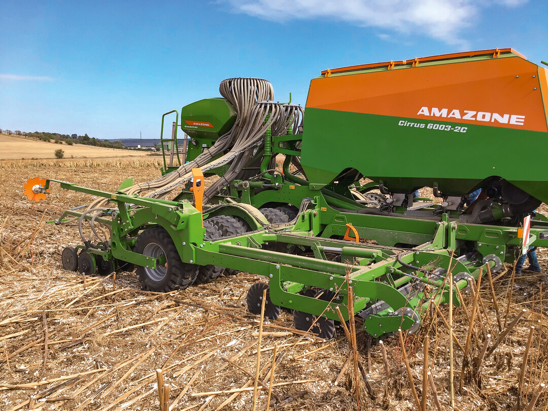 Die Cirrus 6003-2C in Kombination mit Messerwalze bei der Saat von Winterweizen nach Sonnenblumen.