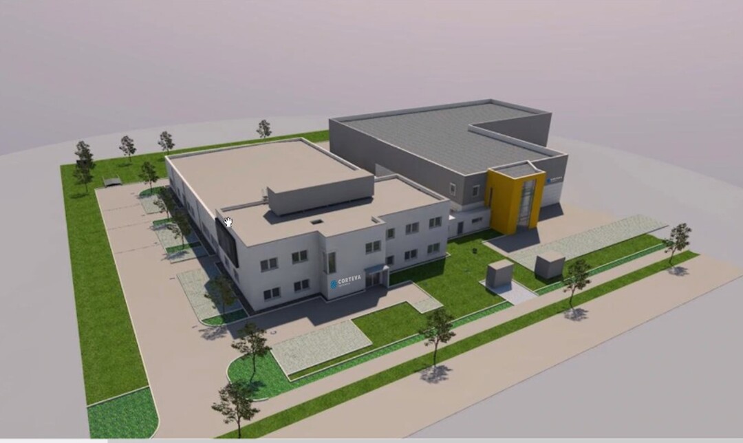 Corteva Agriscience erweitert seine Forschungsstation in Eschbach: Neben dem Altbau (rechts in Grau) entsteht links der der Neubau.  