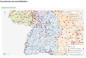 ISIP-Prognosemodell: Karte zum landesweiten Erstauftreten des Kartoffelk�fer 2024.
