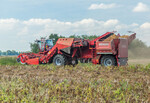 Grimme hat beim Kartoffelroder Ventor 4150 erstmals das äußerst knollenschonende und sehr leistungsstarke Schrägelevator-Erd- und -krauttrennsystem in eine vierreihige, selbstfahrende Kartoffelerntemaschine unter Einhaltung einer Transportbreite von 3,5 m integriert.