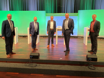 Digitale Mitgliederversammlung des Landesbauernverband in Baden-Württemberg 2021: Präsident Joachim Rukwied (2.v.r.) und die Vizepräsidenten (v.l.) Hans-Benno Wichert, Klaus Mugele und Gerhard Glaser sowie Hauptgeschäftsführer Marco Eberle