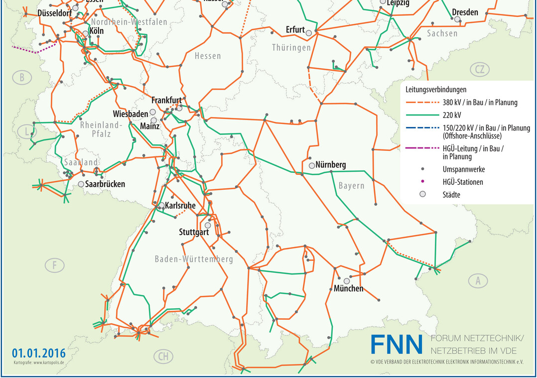 Die neue Version der VDE|FNN-Karte des deutschen H�chstspannungsnetzes dokumentiert die gro�en Fortschritte bei den Offshore-Netzanschl�ssen.