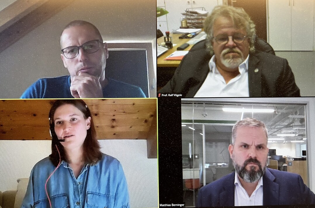 Matthias Berninger, Bayer AG (o. l.), Prof. Ralf Vögele, Universität Hohenheim (o. r.), Moderatorin Henrike Schirmacher und Landwirt Mark Heubach (unten) im Online-Seminar zum Thema Glyphosat.