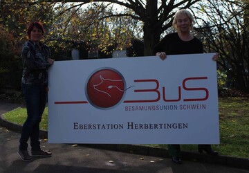 Druckfrisch: Mit einem neu konzipierten Werbeschild dokumentiert die Eberstation Herbertingen ihre Zugeh�rigkeit zur bundesweiten Besamungsunion Schwein, die das Besamungseber-Angebot der German Genetic-Stationen b�ndelt. Ziel: Schnellerer Zuchtfortschritt, wie Gabi Bullan (l.) und Stationsleiterin Dr. Beate Schumann (r.) deutlich machen.