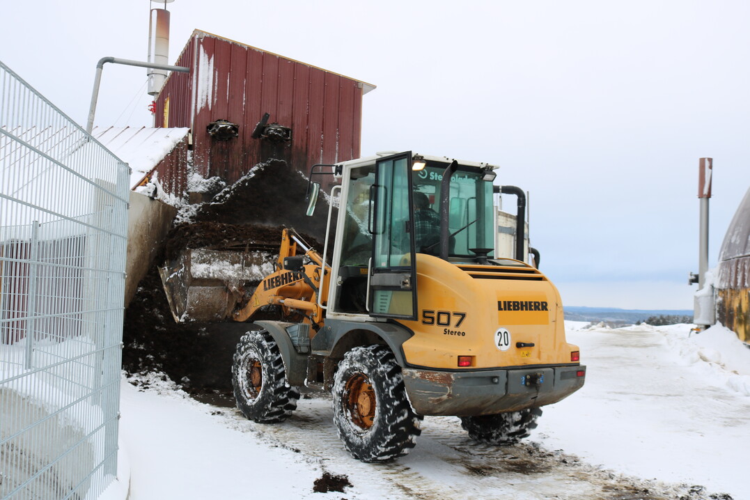 Viel Frontladerarbeit, nicht nur bei der Beschickung des Fermenters: Die feste Phase des G�rrestes muss regelm��ig von der Separierung entfernt werden, sie wird hofnah gelagert. 