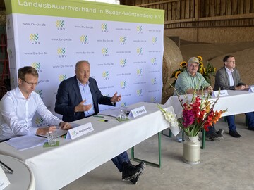 v.l.&nbsp;Dominik Modrzejewski, Referent f�r pflanzliche Erzeugung im LBV; LBV-Pr�sident Joachim Rukwied, Landwirt Hartmut Brust und Horst Wenk, stellvertretender Gesch�ftsf�hrer im LBV stellen der Presse die Ernteergebnisse vor.