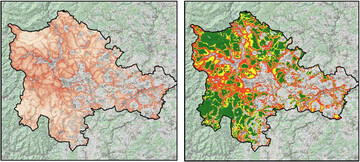 Kartierung des Erholungswaldes im Landkreis Freudenstadt, links: ohne Klassifizierung, rechts: Stufe 1 = rot, Stufe 2 = gelb, ohne besondere Erholungsfunktion = grün (vorläufiger Entwurf; Stand September 2015).
