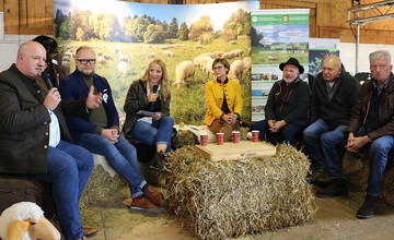 Gute Gespr�che auf der Jubil�umsfeier: �ber 20 Jahre W�rttemberger Lamm diskutierte Moderatorin Iris Goldack (3. v. l.) mit ihren G�sten (v. l.) J�rgen M�der und Axel Lienhard, Edeka S�dwest Fleisch, Sabine Kurtz, Staatssekret�rin im MLR, Ernst Fauser, Sch�fer und Vorsitzender BW Lamm EZG, Ulrich Rothweiler, Viehzentrale S�dwest (VZ) und Bruno Krieglstein, MLR.&nbsp;