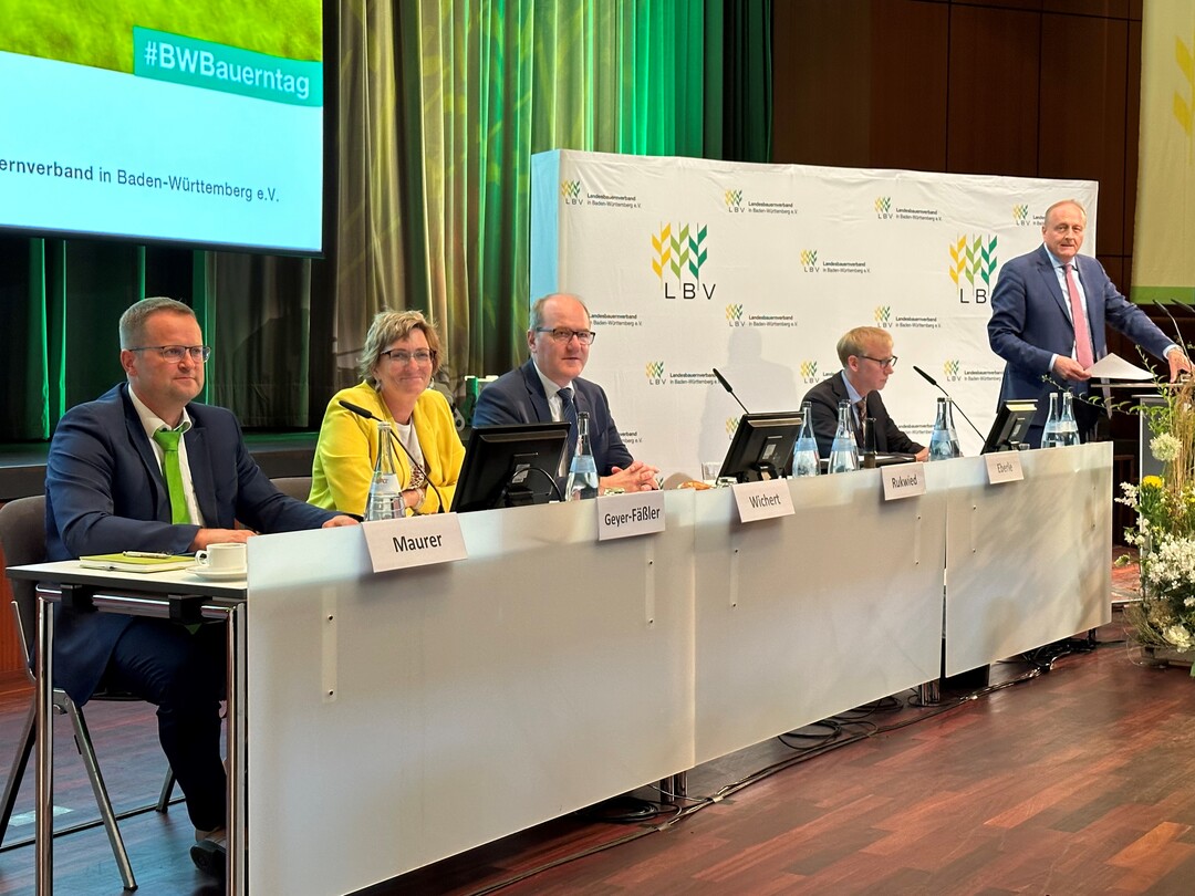 v.l. DIe Vizepräsidenten Jürgen Maurer, Roswitha Geyer-Fäßler, Hans-Benno Wichert und LBV-Geschäftsführer Marco Eberle mit LBV-Präsident Joachim Rukwied.