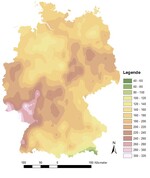 Modellierter Bewässerungsbedarf in Millimeter für Kartoffeln im trockenen Jahr 1976.
