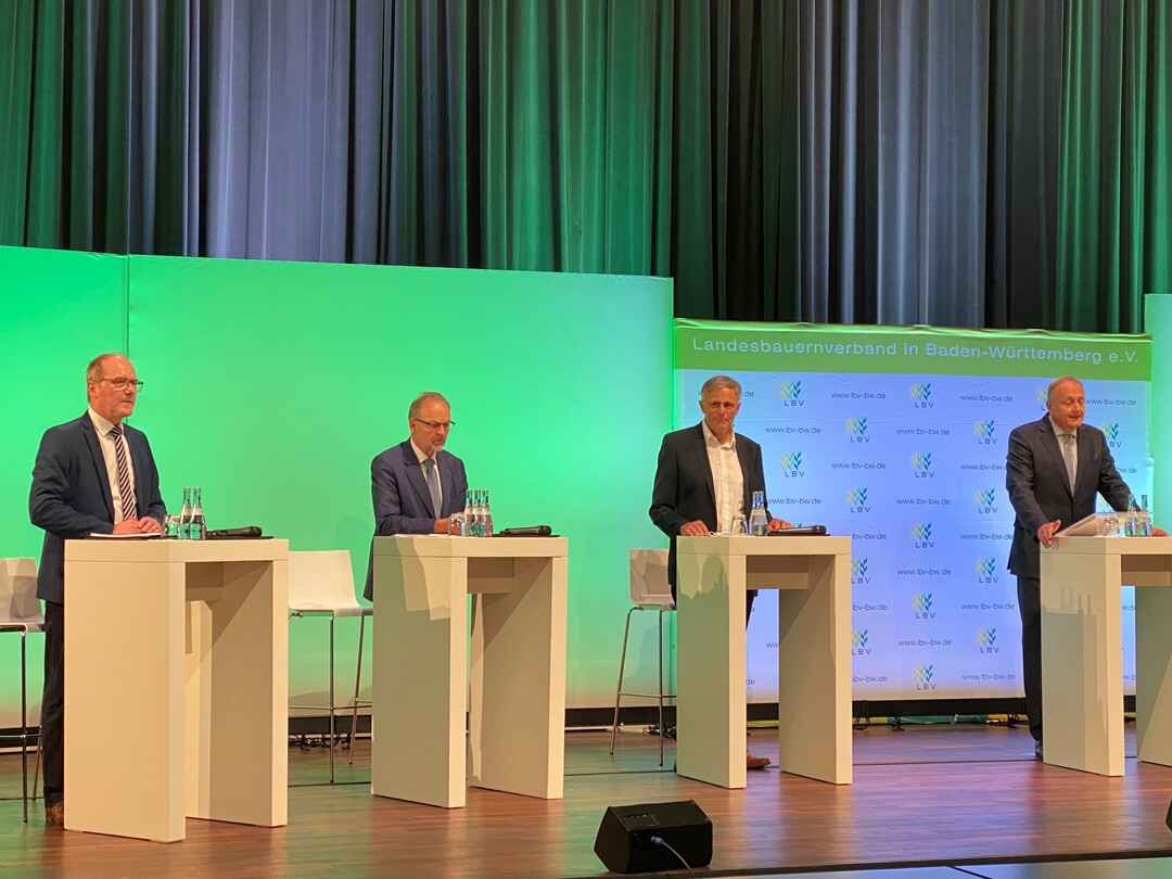 Digitale Mitgliederversammlung des Landesbauernverband in Baden-Württemberg 2021: Präsident Joachim Rukwied (r.) und die Vizepräsidenten (v.l.) Hans-Benno Wichert, Klaus Mugele und Gerhard Glaser