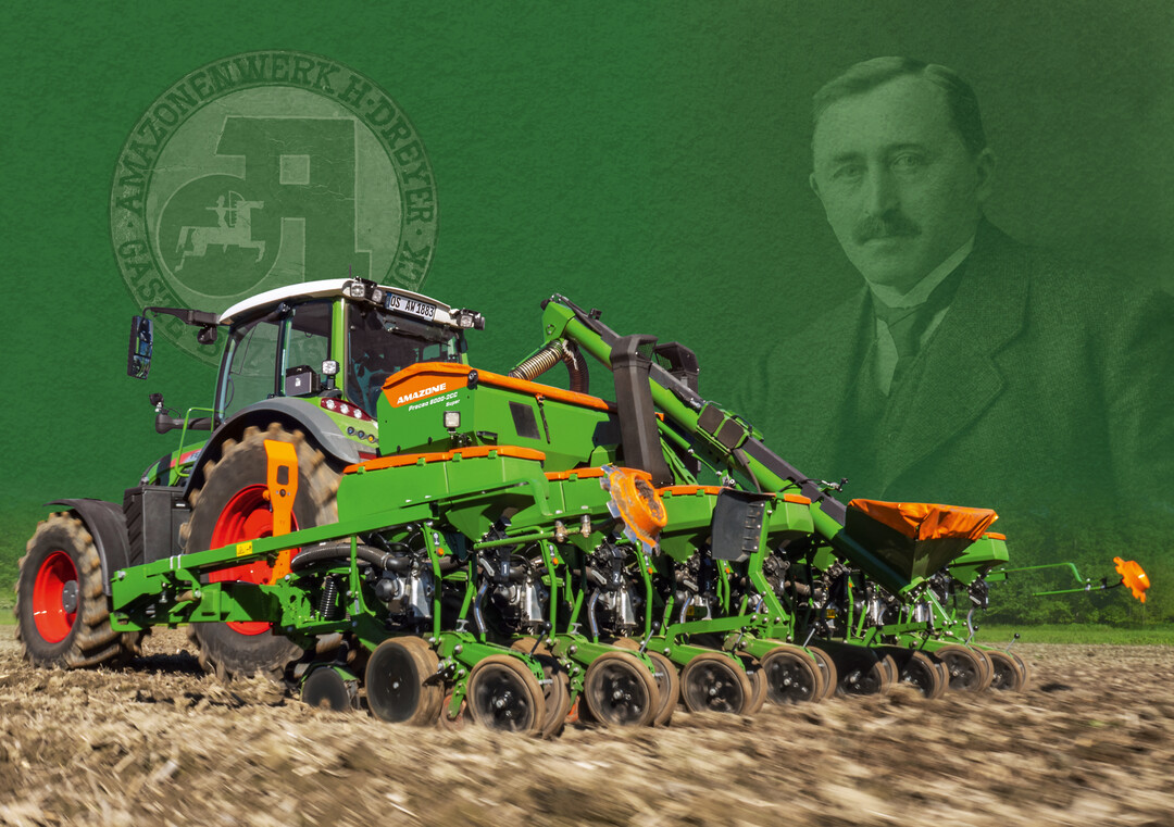 Gr�nder Heinrich Dreyer mit dem historischen Firmenlogo aus der Gr�nderzeit und der neuesten Amazone Einzelkorns�maschine Precea.