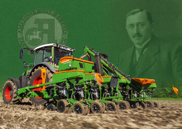 Gründer Heinrich Dreyer mit dem historischen Firmenlogo aus der Gründerzeit und der neuesten Amazone Einzelkornsämaschine Precea.