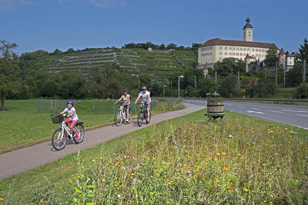 Radler vor Schloss Horneck in Gundelsheim.