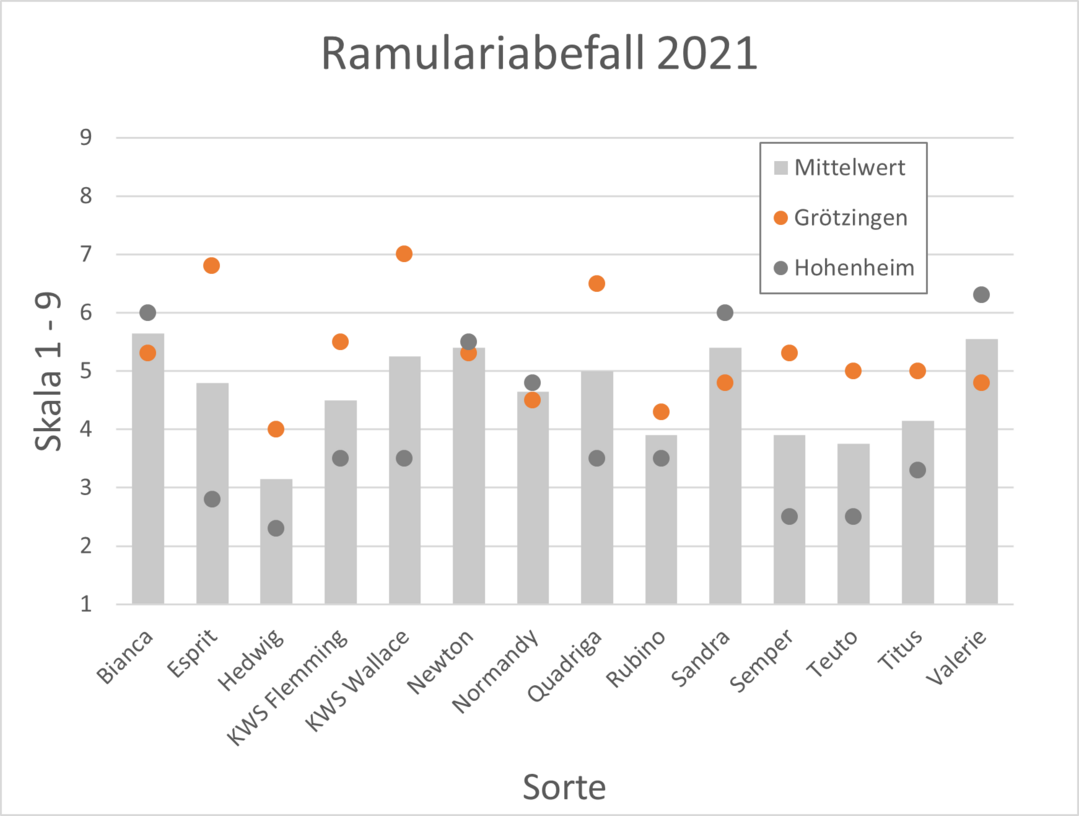 Ramulariabefall orthogonaler Sorten, Wintergerste 2021
Bewertung nach Noten 1 - 9: (1 = befallsfrei, 9= vollständig befallen)