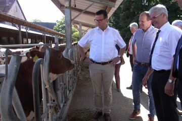 Auf der Eselsm�he dreht sich alles um die tiergerechte Haltung der Wiederk�uer. Dar�ber informierten sich Agrarminister Peter Hauk (l.) und der CDU-Landtagsabgeordnete Klaus Burger (r.) im Gespr�ch mit Betriebsleiter Thomas Zimmerer (Mitte).
