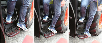 Beim Ausstieg löst man einen Fußschalter auf der letzten Stufe aus und der Softstep gleitet sanft mit der Person zu Boden und nimmt so die gesamte Energie aus dem Bewegungsablauf.