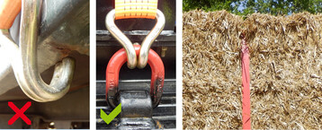 Links: So nicht � der Hakengrund muss die Last aufnehmen. Mitte: Richtiger Gebrauch des Zurrpunktes. Rechts: Spanngurte schneiden ein und m�ssen nachgespannt werden. 