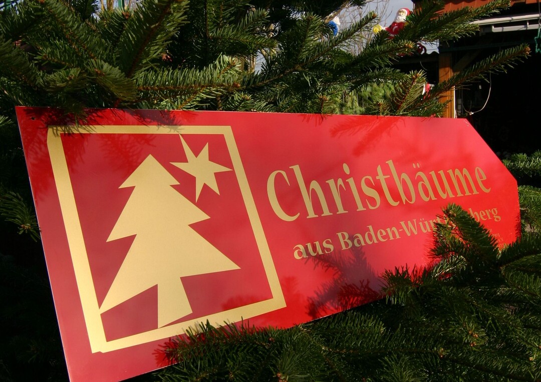 Das Markenzeichen f�r Christb�ume aus Baden-W�rttemberg: Viereckiger Rahmen mit stilisiertem Weihnachtsbaum und Stern goldfarben auf weinrotem Grund.
